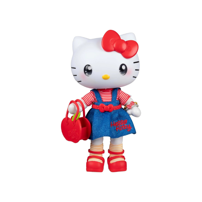 هالو كيتي دمية الإصدار الأول بملابس جينز وحقيبة حمراء دمى الشخصيات Hello Kitty and Friends