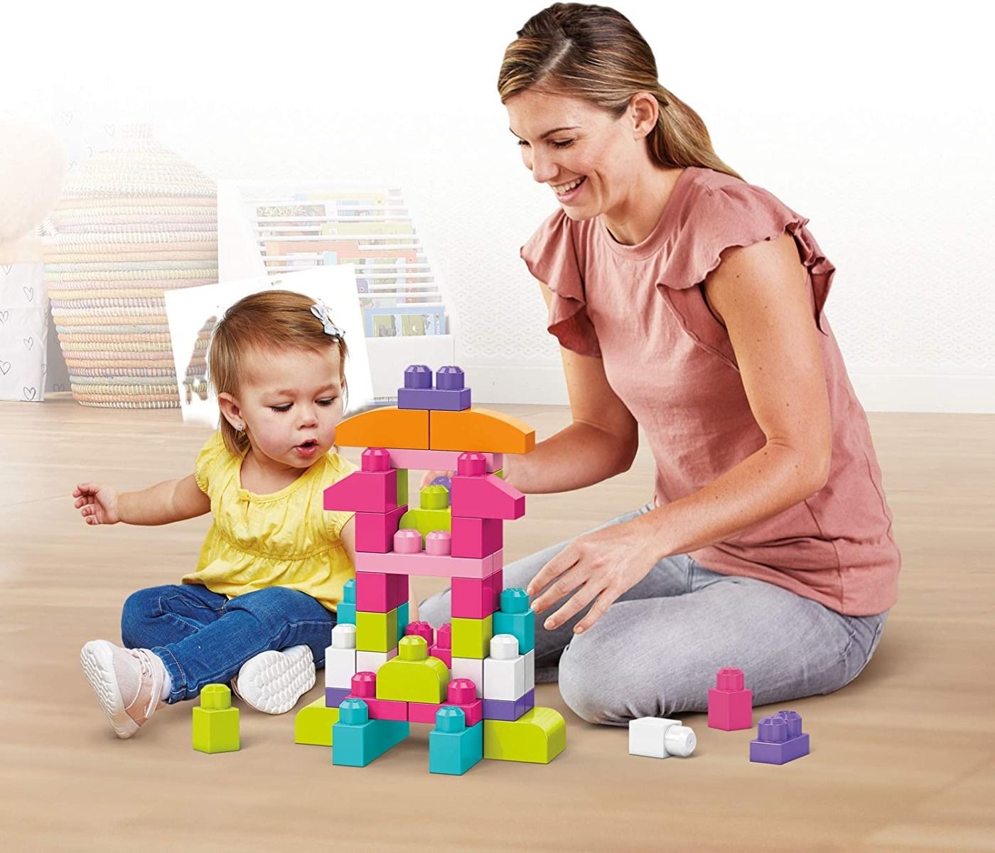 ميجا بلوكس حقيبة مكعبات البناء 60 قطعة وردي المكعبات الكبيرة MEGA BLOKS