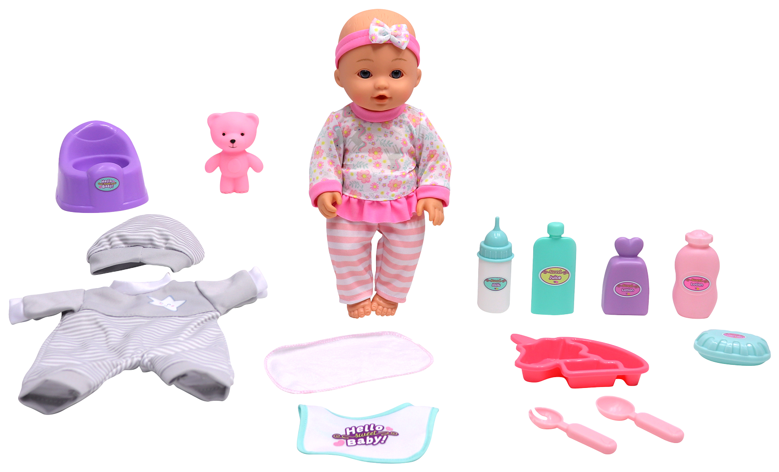 هيلو سويت بيبي دمية 4 في 1 اكسسوارات وطقم عناية دمى المواليد Hello Sweet Baby