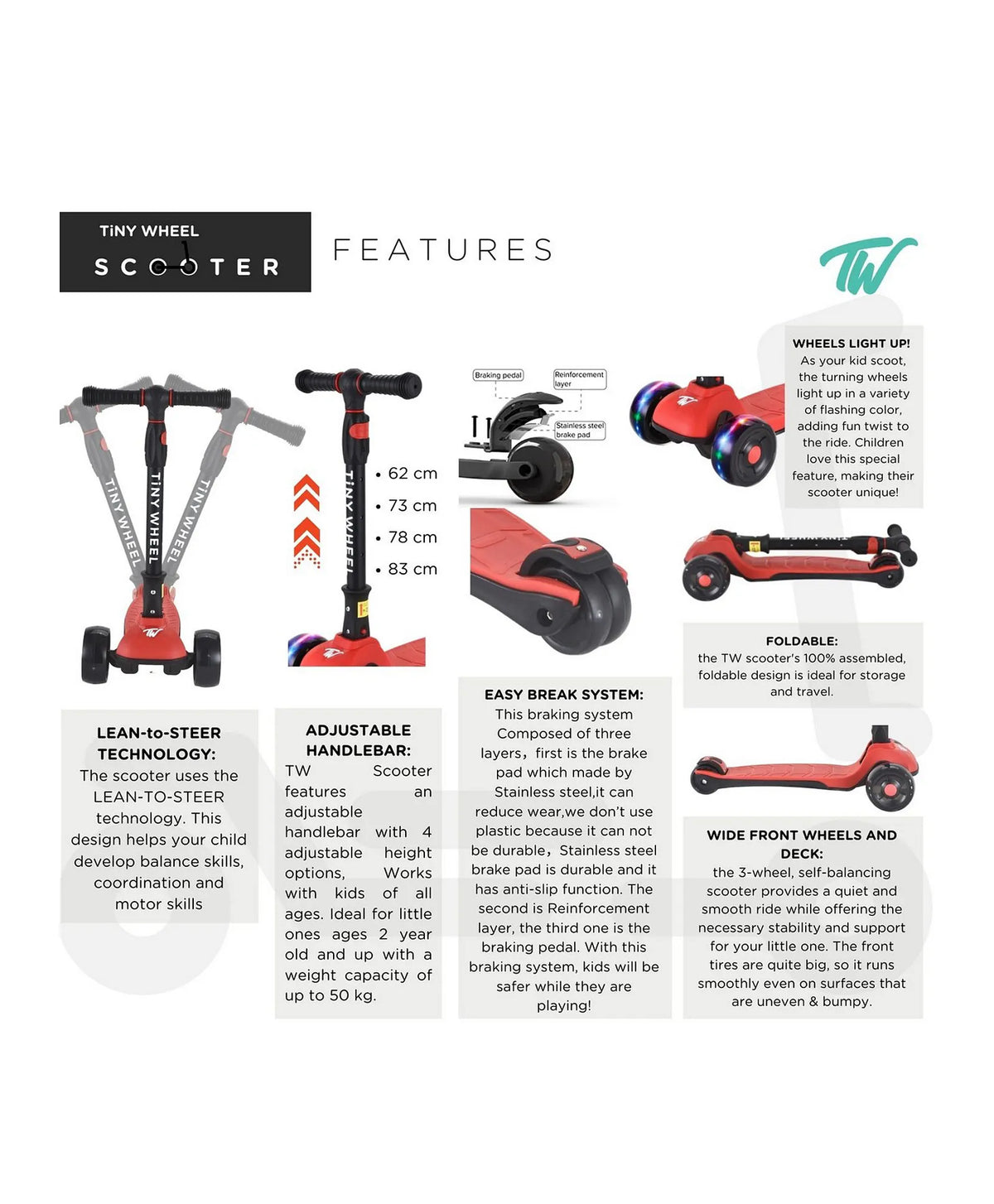 تايني ويل سكوتر أسود 3 كفرات قابل للطي سكوتر 3 عجلات Tiny Wheel