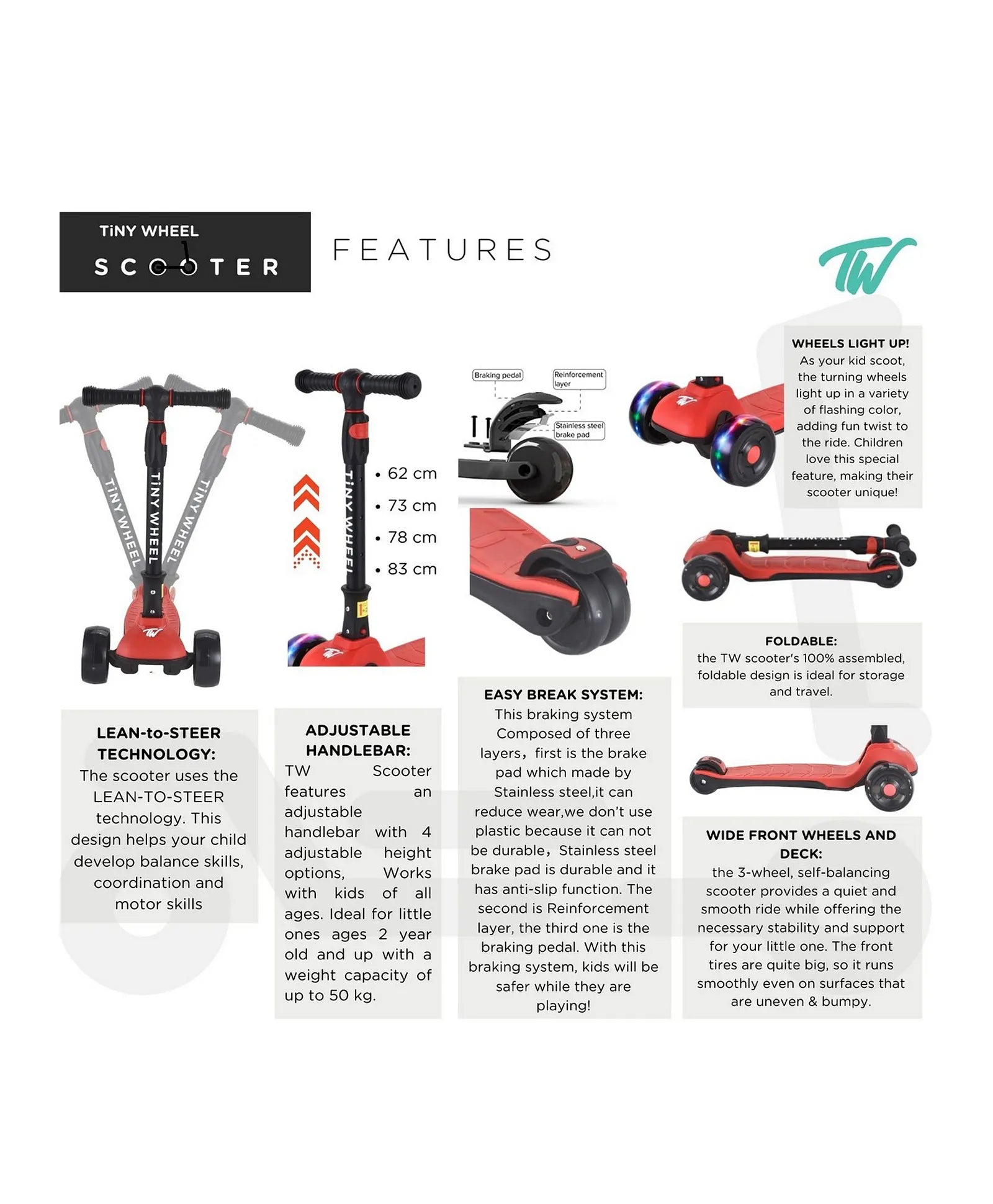 تايني ويل سكوتر أسود 3 كفرات قابل للطي سكوتر 3 عجلات Tiny Wheel