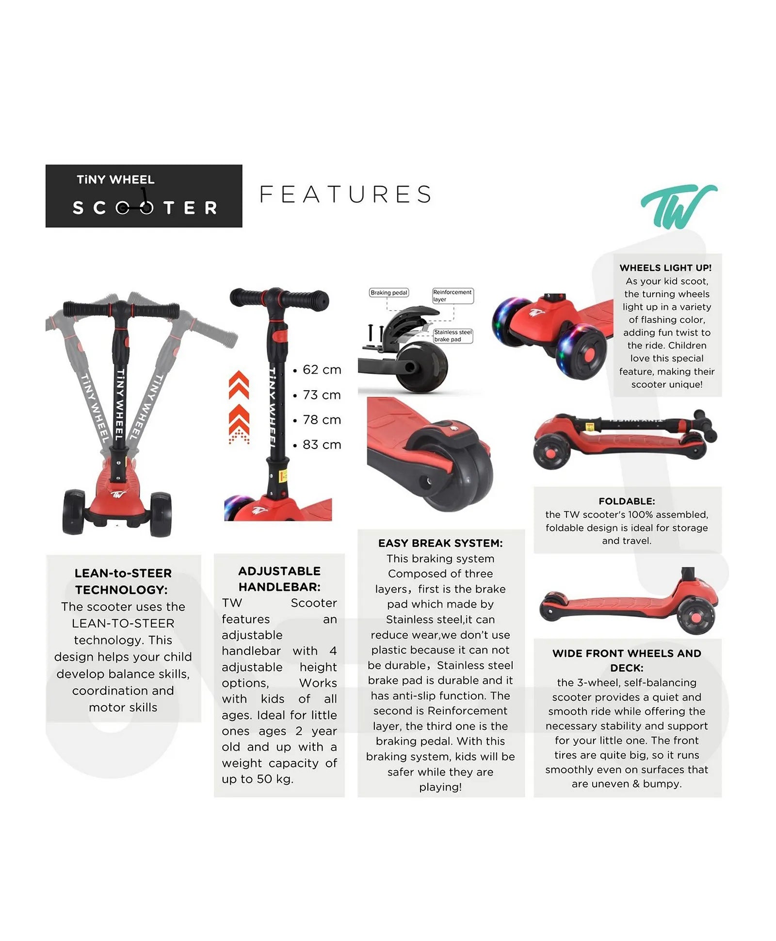 تايني ويل سكوتر أزرق و أسود 3 كفرات قابل للطي سكوتر 3 عجلات Tiny Wheel