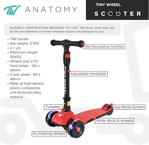 تايني ويل سكوتر أحمر كرزي 3 كفرات قابل للطي سكوتر 3 عجلات Tiny Wheel