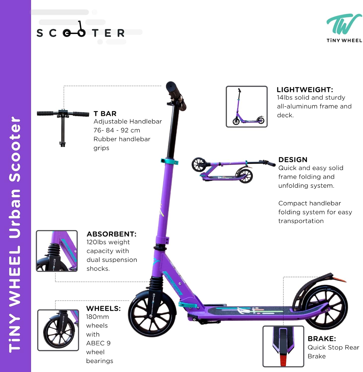 تايني ويل سكوتر بنفسجي عجلاتين قابل للطي سكوتر عجلتين Tiny Wheel
