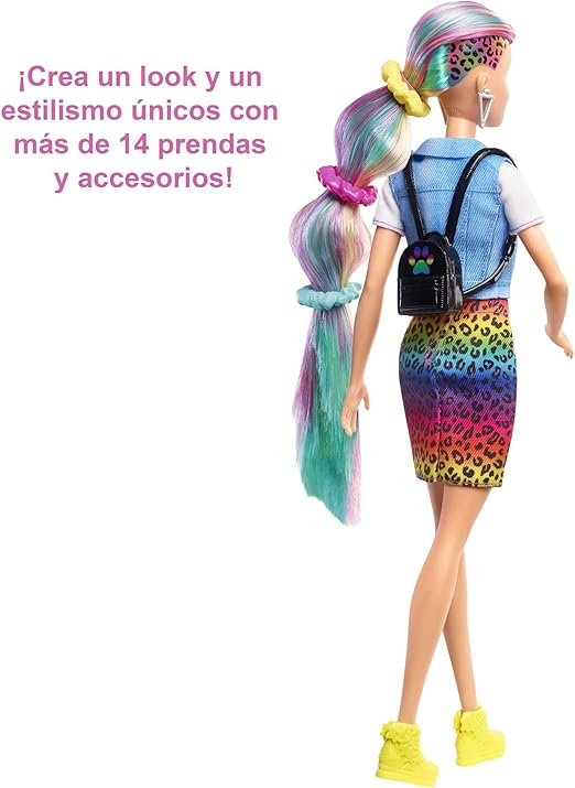 باربي دمية ليوبارد رينبو هير شقراء بميزة شعر مرقط ذو لون متغير رينبو دمية مع اكسسوارات Barbie