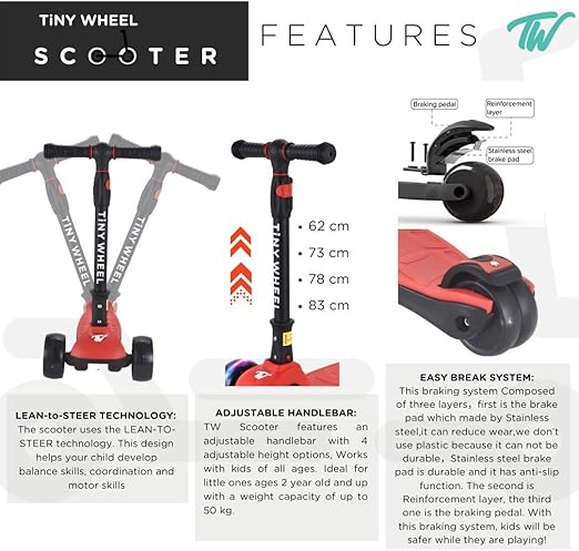 تايني ويل سكوتر أحمر كرزي 3 كفرات قابل للطي سكوتر 3 عجلات Tiny Wheel