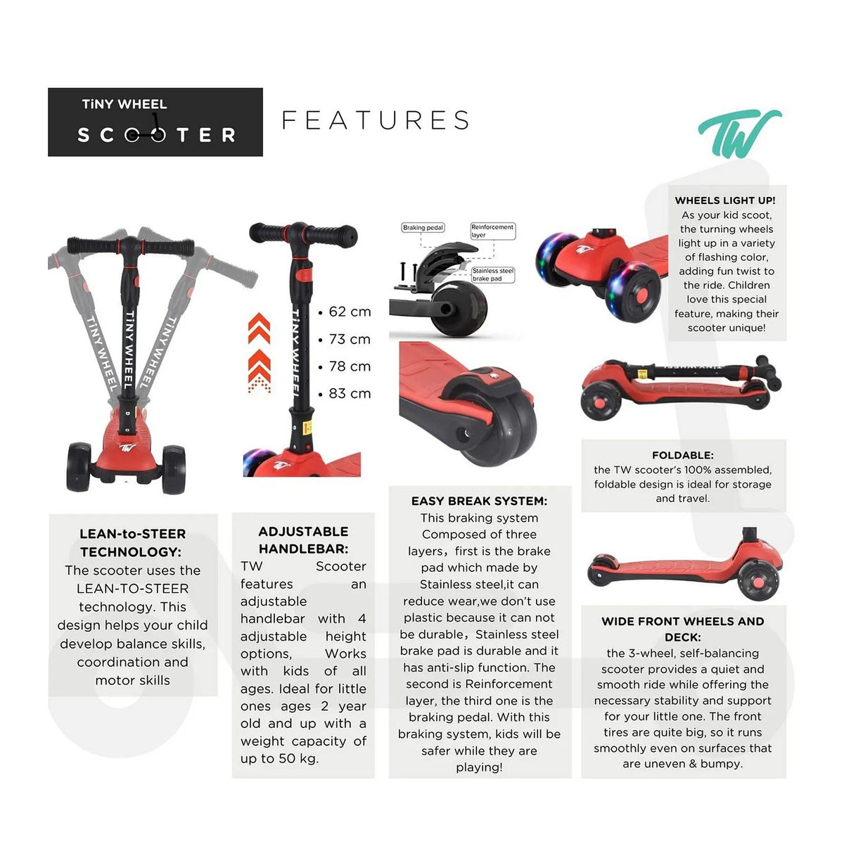 تايني ويل سكوتر أحمر و أسود 3 كفرات قابل للطي سكوتر 3 عجلات Tiny Wheel