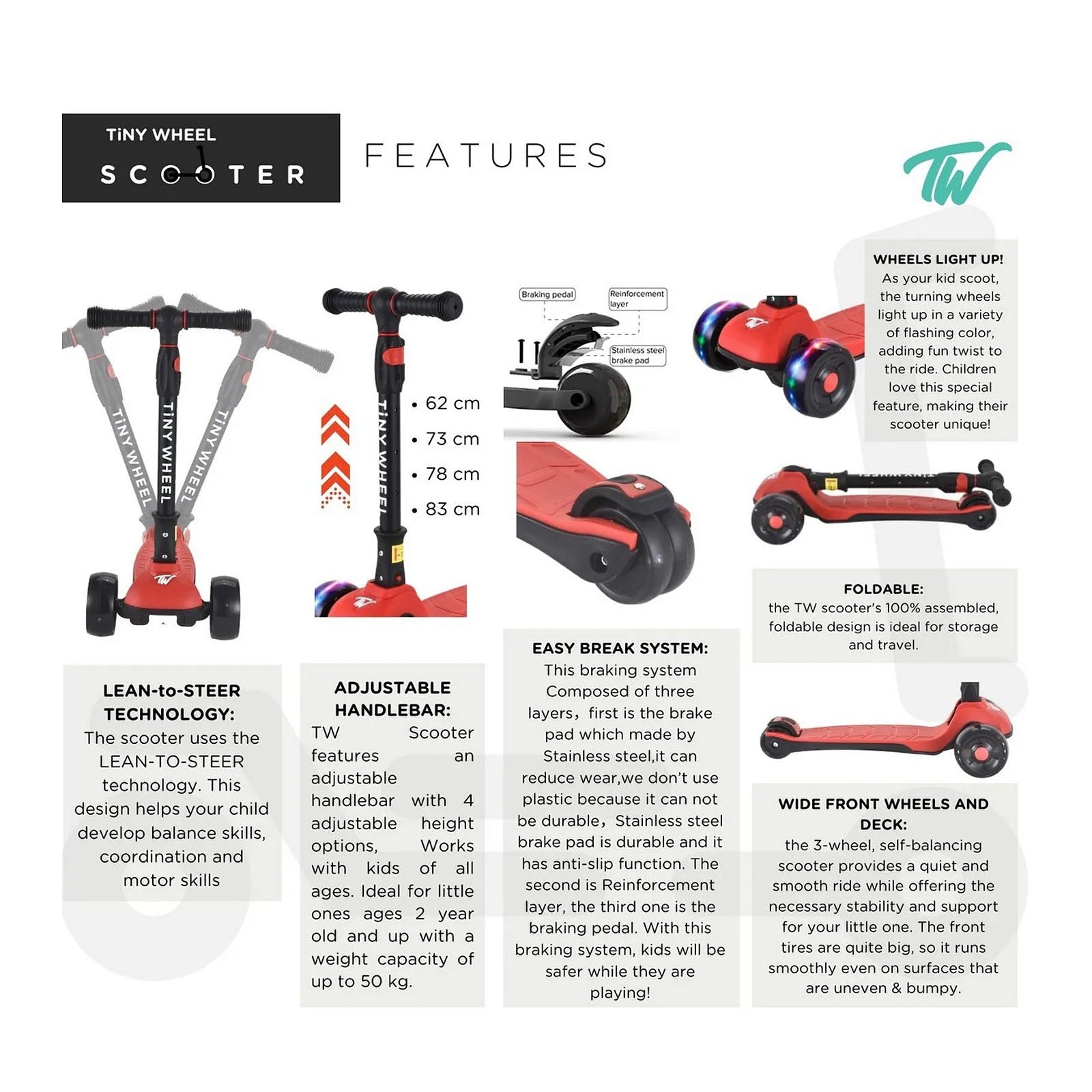 تايني ويل سكوتر أحمر و أسود 3 كفرات قابل للطي سكوتر 3 عجلات Tiny Wheel