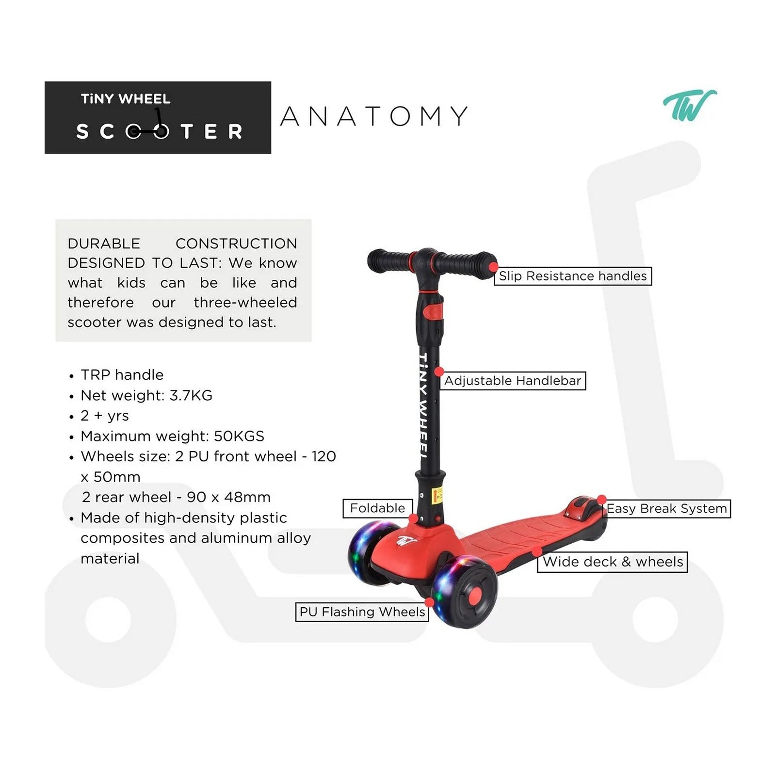 تايني ويل سكوتر أحمر و أسود 3 كفرات قابل للطي سكوتر 3 عجلات Tiny Wheel