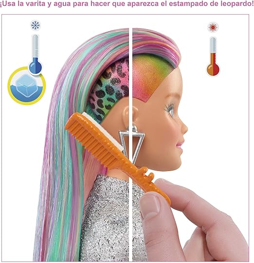 باربي دمية ليوبارد رينبو هير شقراء بميزة شعر مرقط ذو لون متغير رينبو دمية مع اكسسوارات Barbie