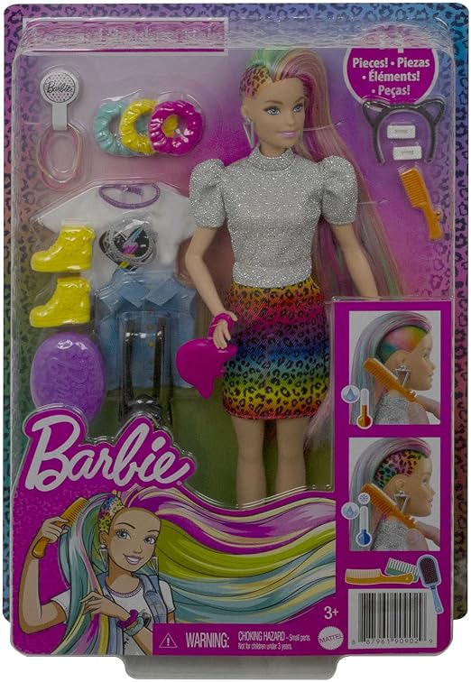 باربي دمية ليوبارد رينبو هير شقراء بميزة شعر مرقط ذو لون متغير رينبو دمية مع اكسسوارات Barbie