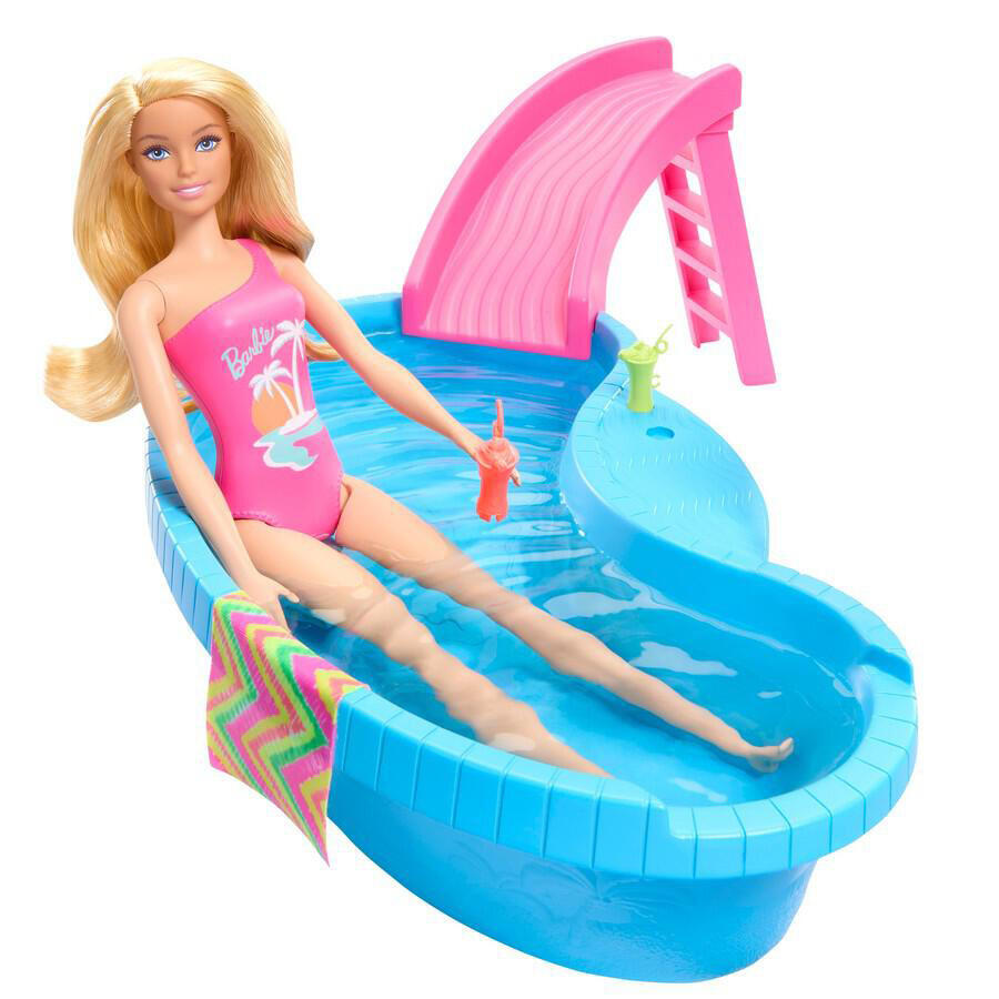 باربي دمية وحمام سباحة بشعر أشقر دمية مع اكسسوارات Barbie