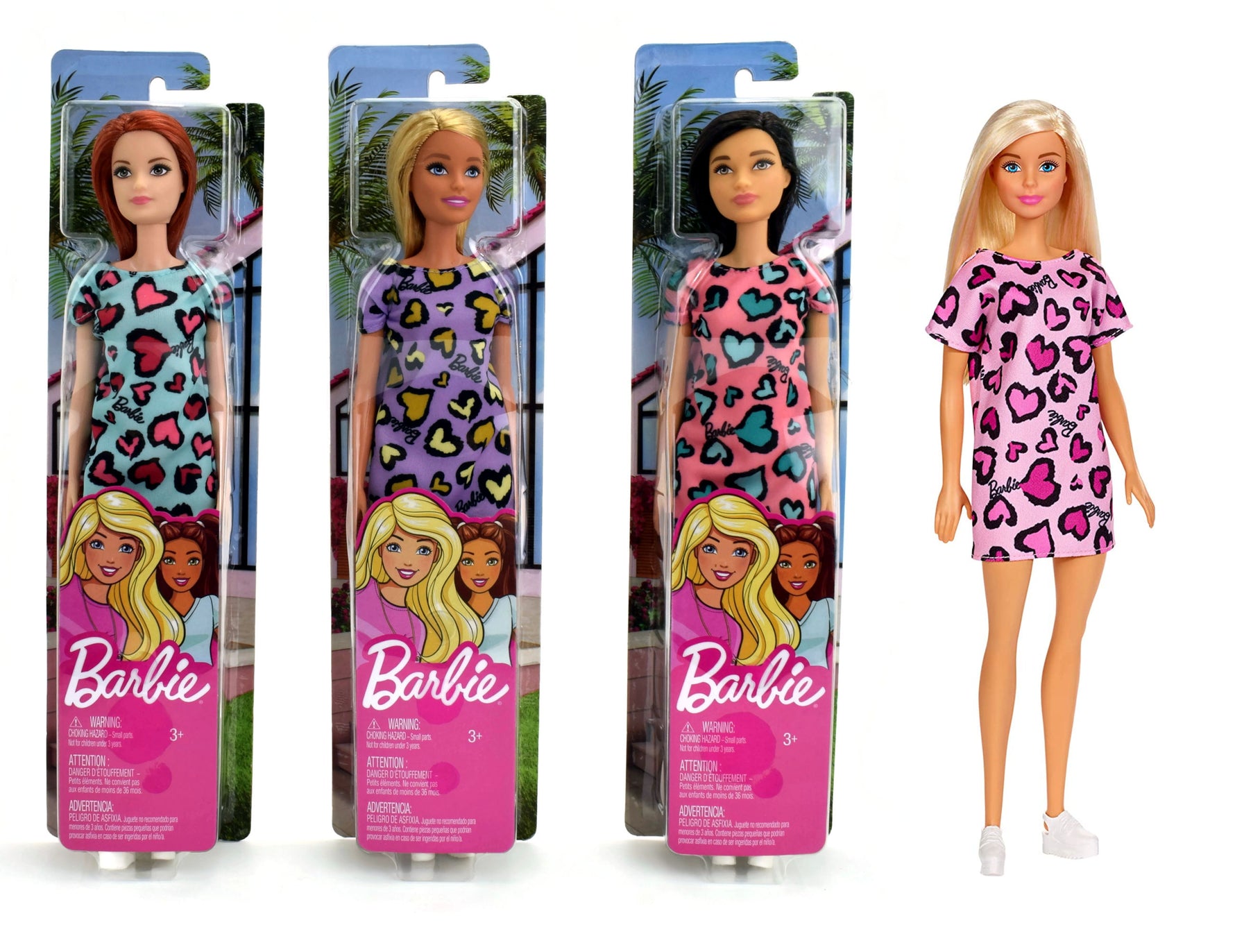 باربي دمية شقراء ترتدي فستانًا مزينًا بقلوب باللون الوردي وحذاء رياضي الوان متنوعه دمى الشخصيات Barbie