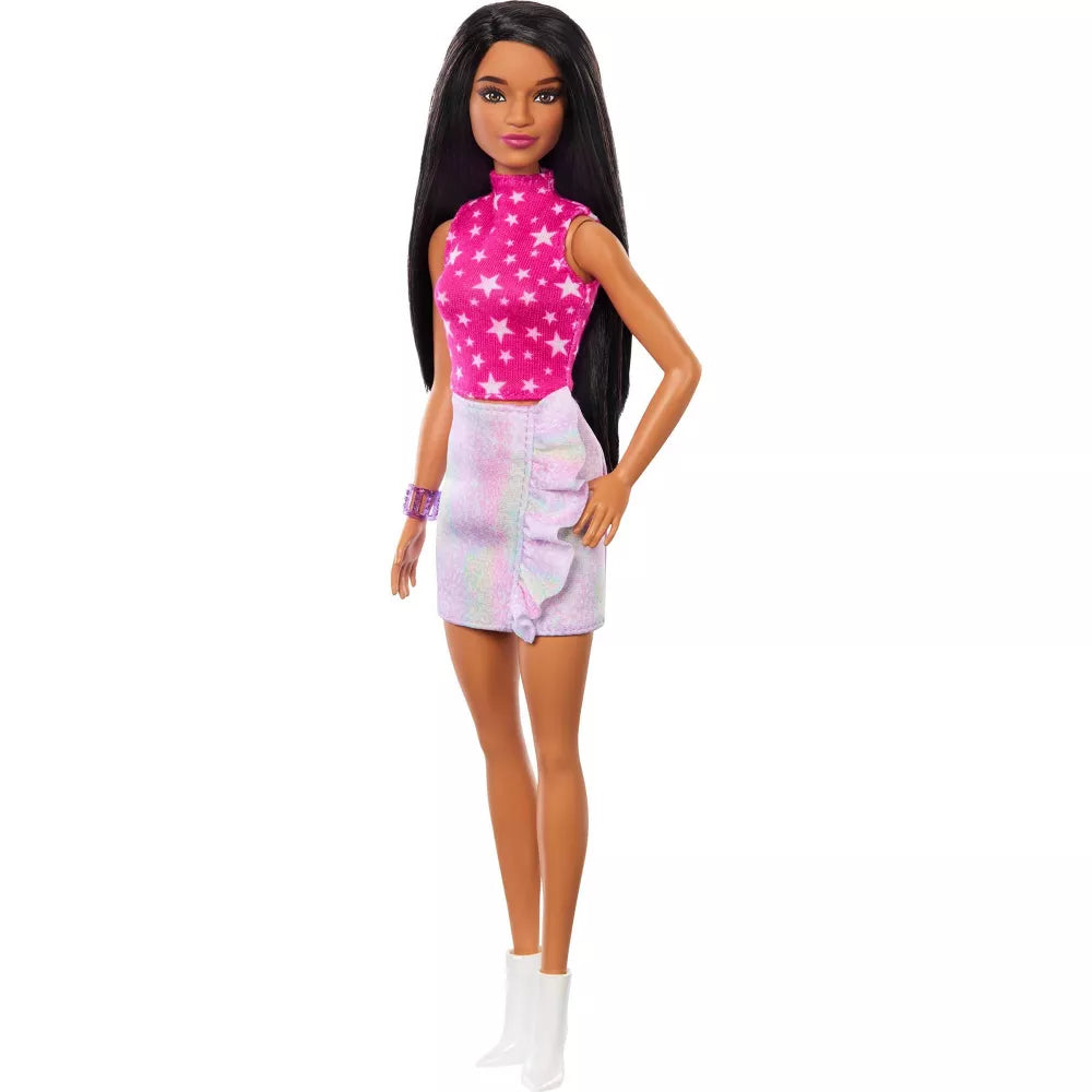 باربي دمية فاشونيستا بشعر اسود و بلوزة بطبعة نجوم وردية دمى الشخصيات Barbie