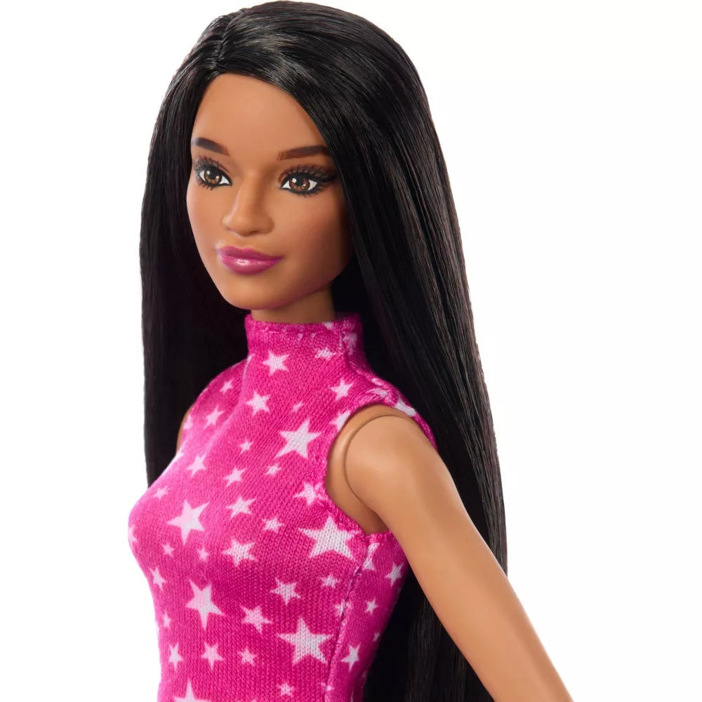 باربي دمية فاشونيستا بشعر اسود و بلوزة بطبعة نجوم وردية دمى الشخصيات Barbie