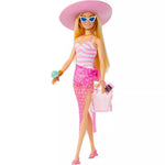 باربي دمية شقراء ببدلة سباحة بيضاء وزهرية دمية مع اكسسوارات Barbie