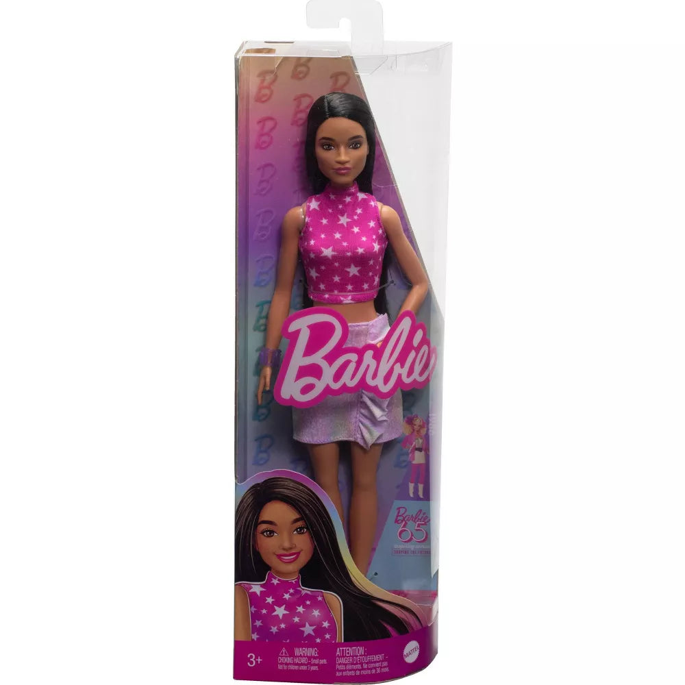 باربي دمية فاشونيستا بشعر اسود و بلوزة بطبعة نجوم وردية دمى الشخصيات Barbie