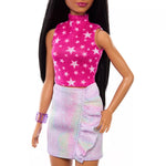 باربي دمية فاشونيستا بشعر اسود و بلوزة بطبعة نجوم وردية دمى الشخصيات Barbie