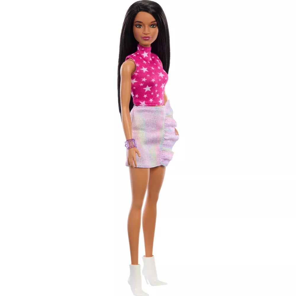 باربي دمية فاشونيستا بشعر اسود و بلوزة بطبعة نجوم وردية دمى الشخصيات Barbie