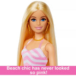 باربي دمية شقراء ببدلة سباحة بيضاء وزهرية دمية مع اكسسوارات Barbie