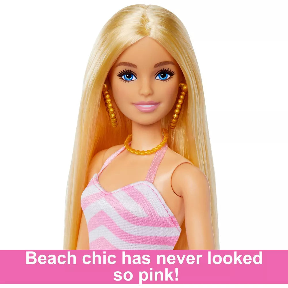 باربي دمية شقراء ببدلة سباحة بيضاء وزهرية دمية مع اكسسوارات Barbie