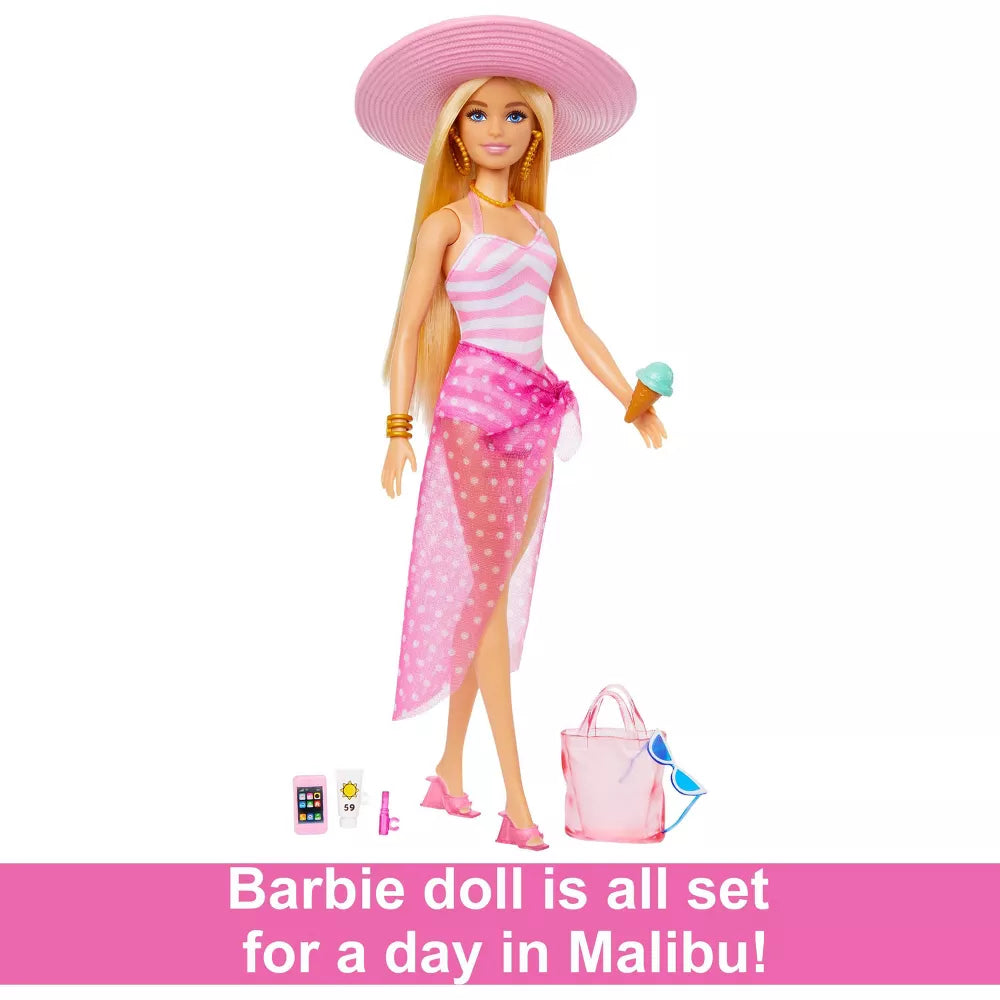 باربي دمية شقراء ببدلة سباحة بيضاء وزهرية دمية مع اكسسوارات Barbie