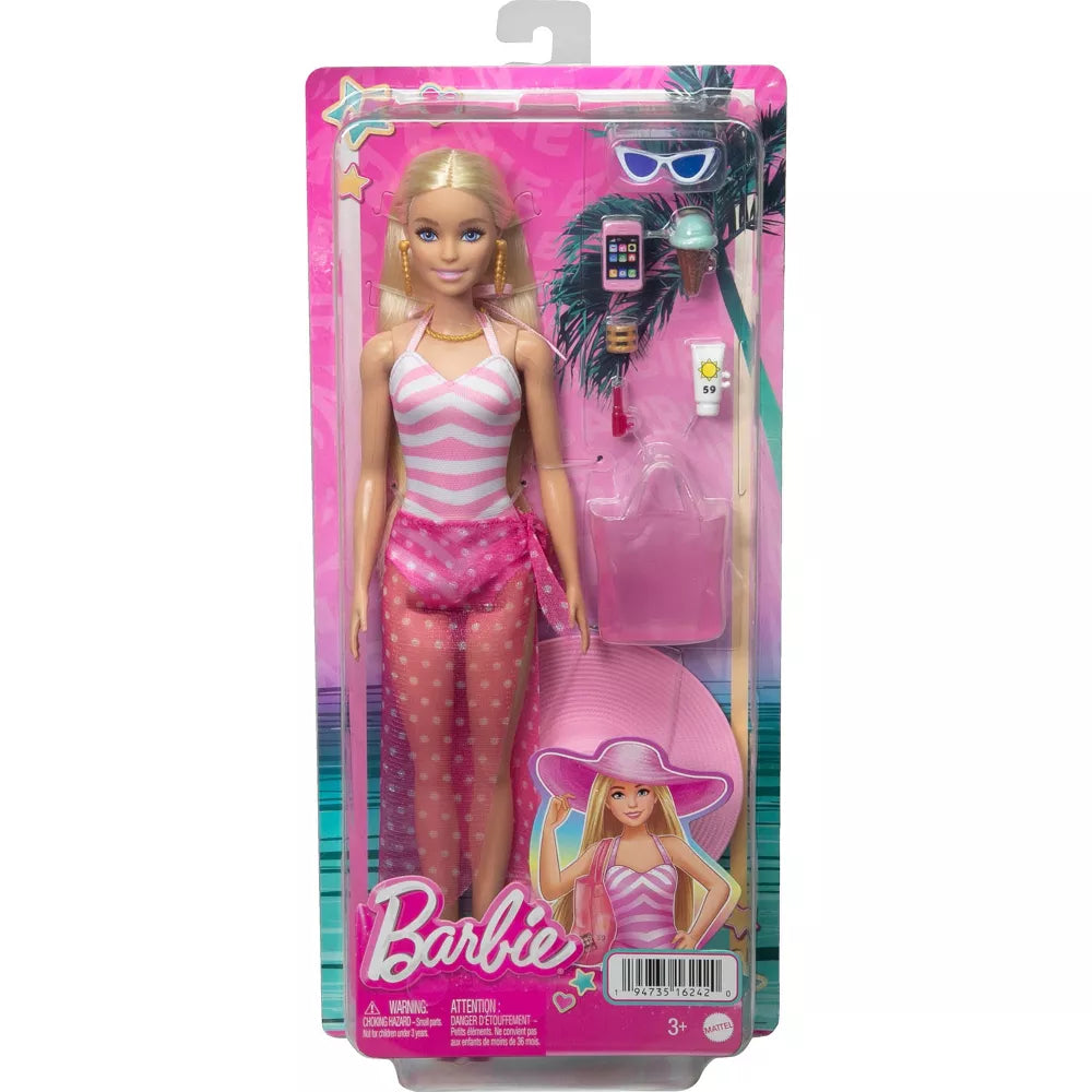باربي دمية شقراء ببدلة سباحة بيضاء وزهرية دمية مع اكسسوارات Barbie