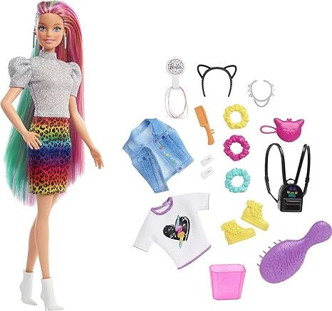 باربي دمية ليوبارد رينبو هير شقراء بميزة شعر مرقط ذو لون متغير رينبو دمية مع اكسسوارات Barbie