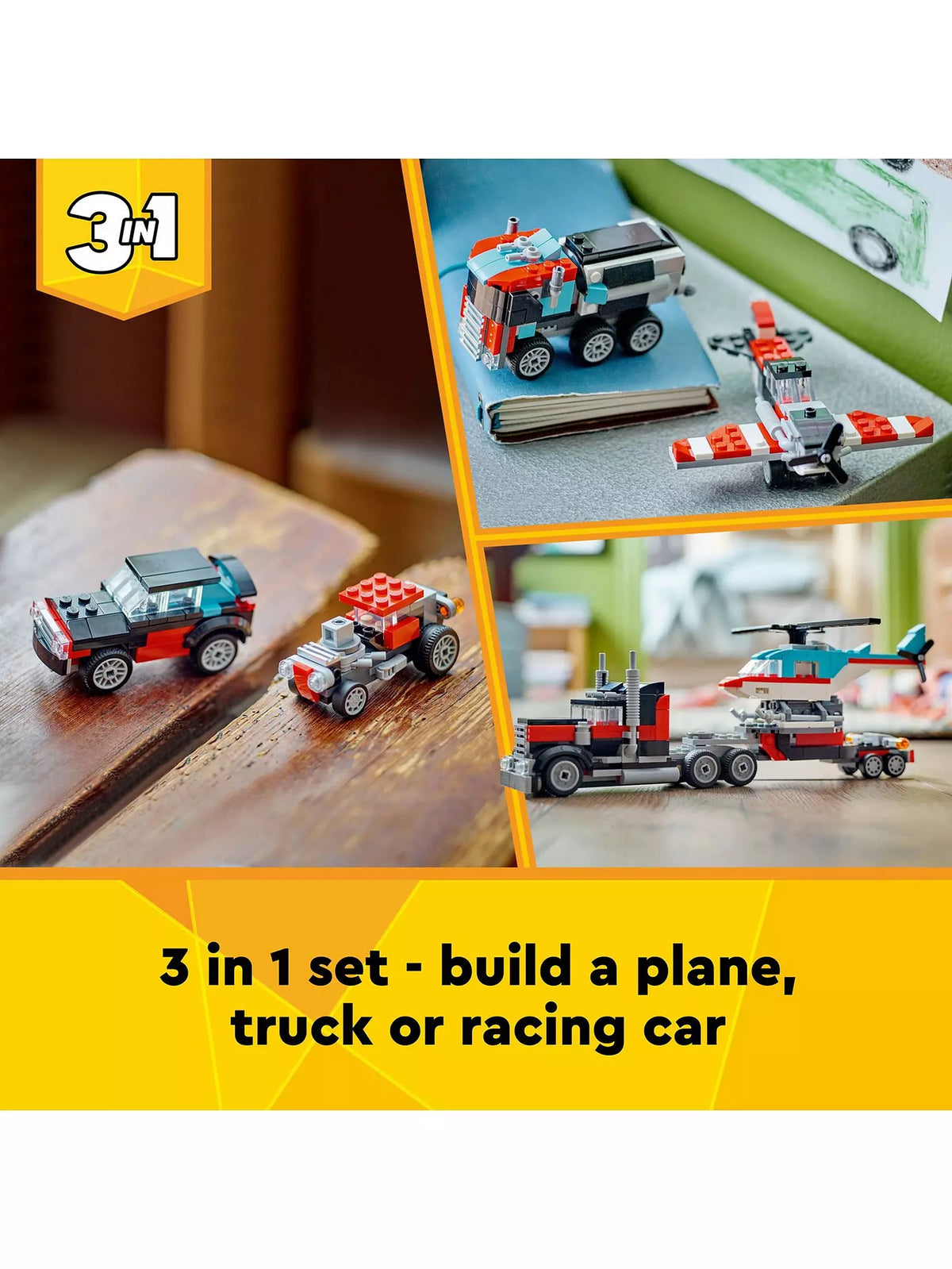 ليجو كريتور لعبة بناء شاحنة مسطحة 3 في 1 مع طائرة هليكوبتر مكعبات التركيب LEGO