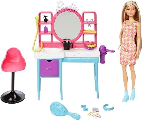 باربي دمية وصالون الشعر مع 15 ملحق لتصفيف الشعر دمية مع اكسسوارات Barbie