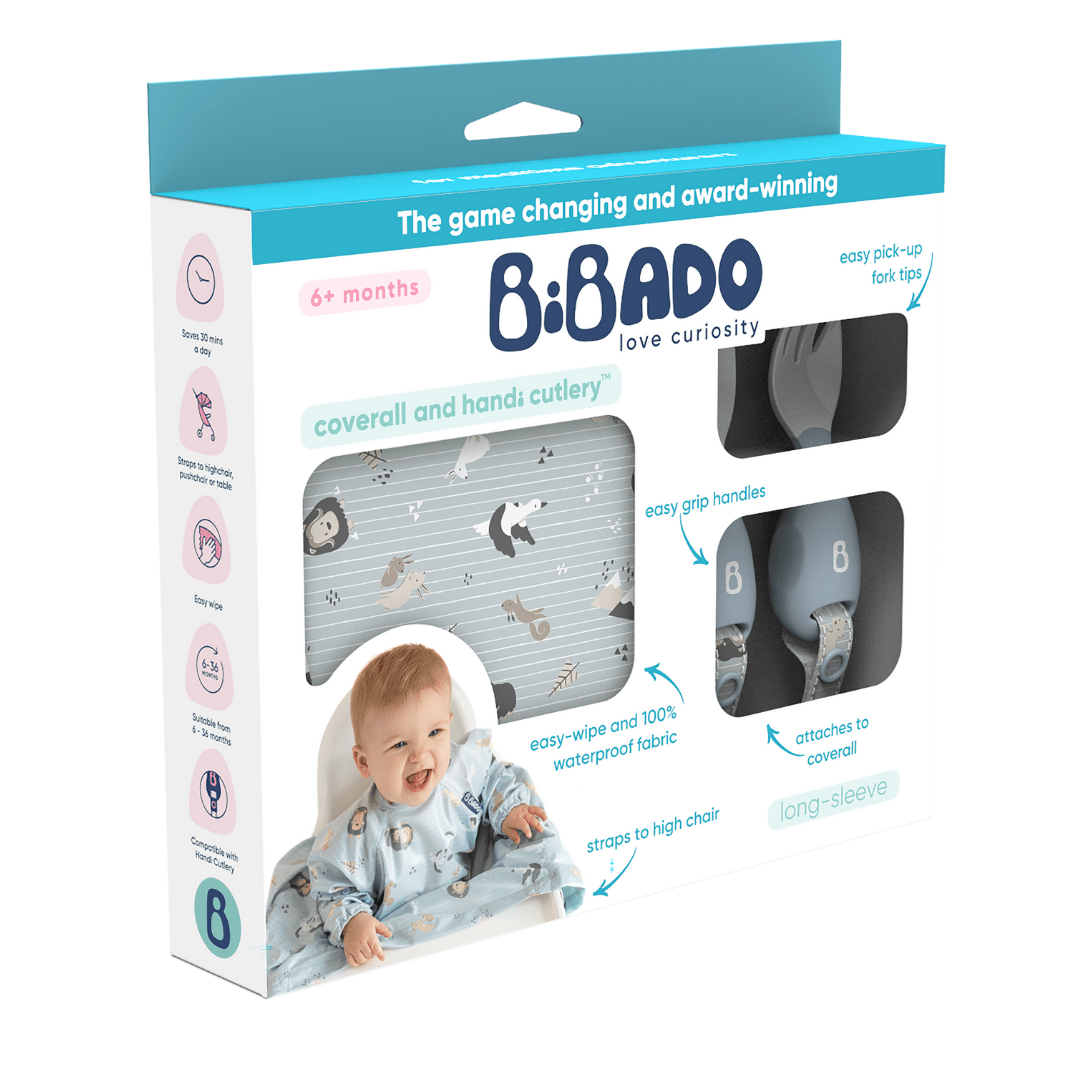 بيبادو طقم مريلة بأكمام طويلة وأدوات مائدة زرقاء مواليد تفاعلي Bibado