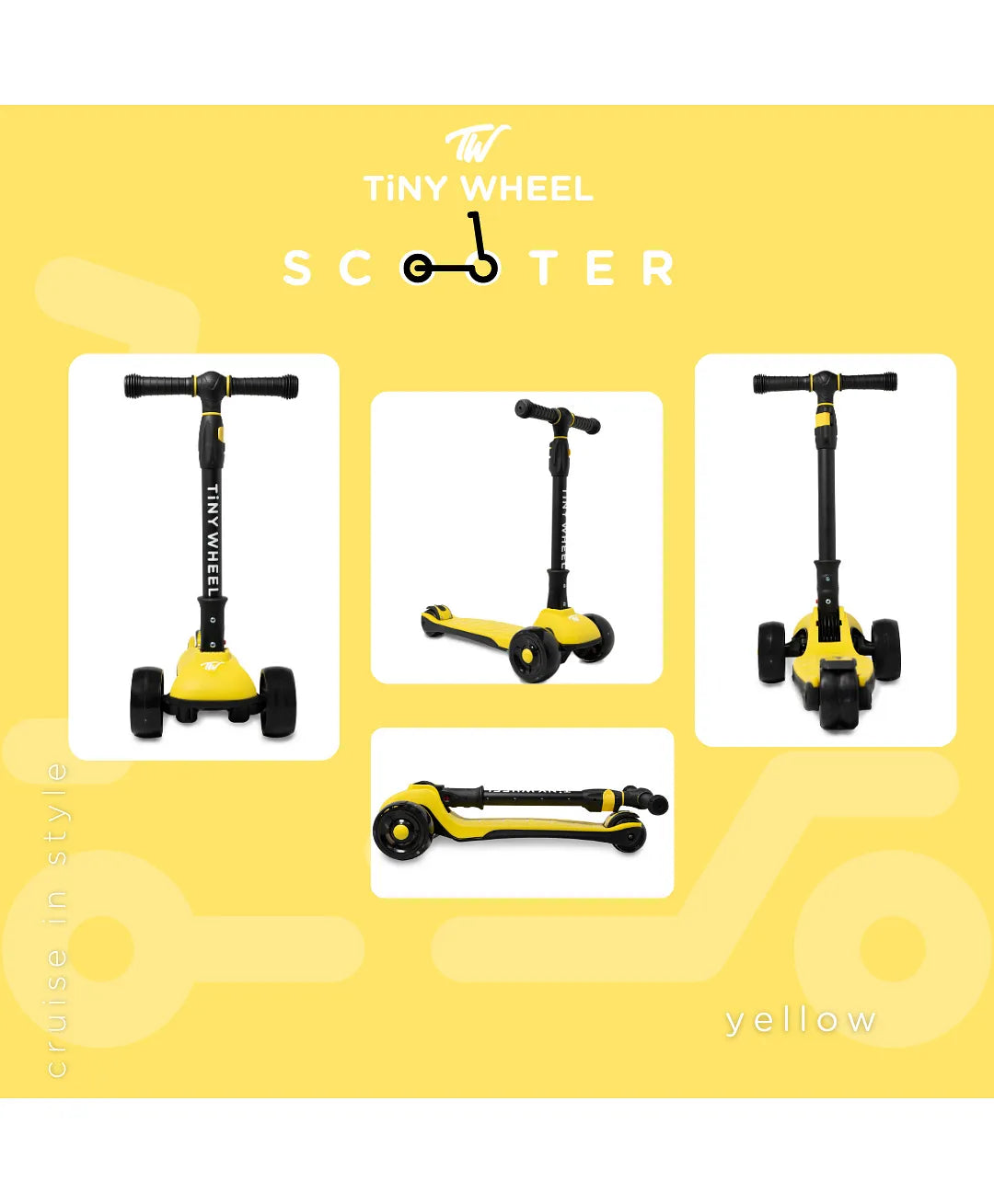 تايني ويل سكوتر أصفر و أسود 3 كفرات قابل للطي سكوتر 3 عجلات Tiny Wheel