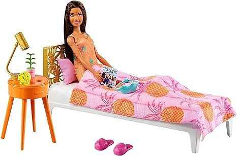 دمية وغرفة النوم مع مجموعة أثاث داخلي من باربي Barbie