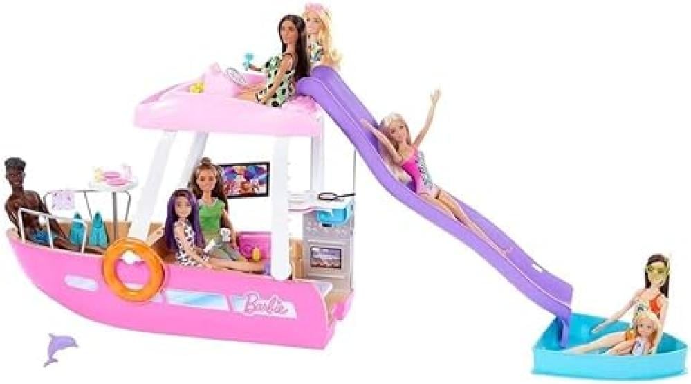 باربي قارب مع حوض سباحة وزحليقة دمية مع اكسسوارات Barbie