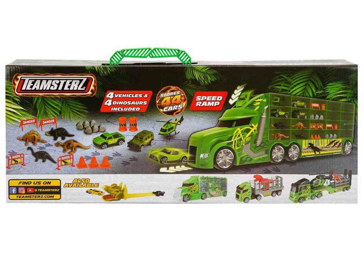 تيمسترز لعب شاحنة الديناصورات مع 4 مركبات و 4 ديناصورات ناقلة سيارات Teamsterz