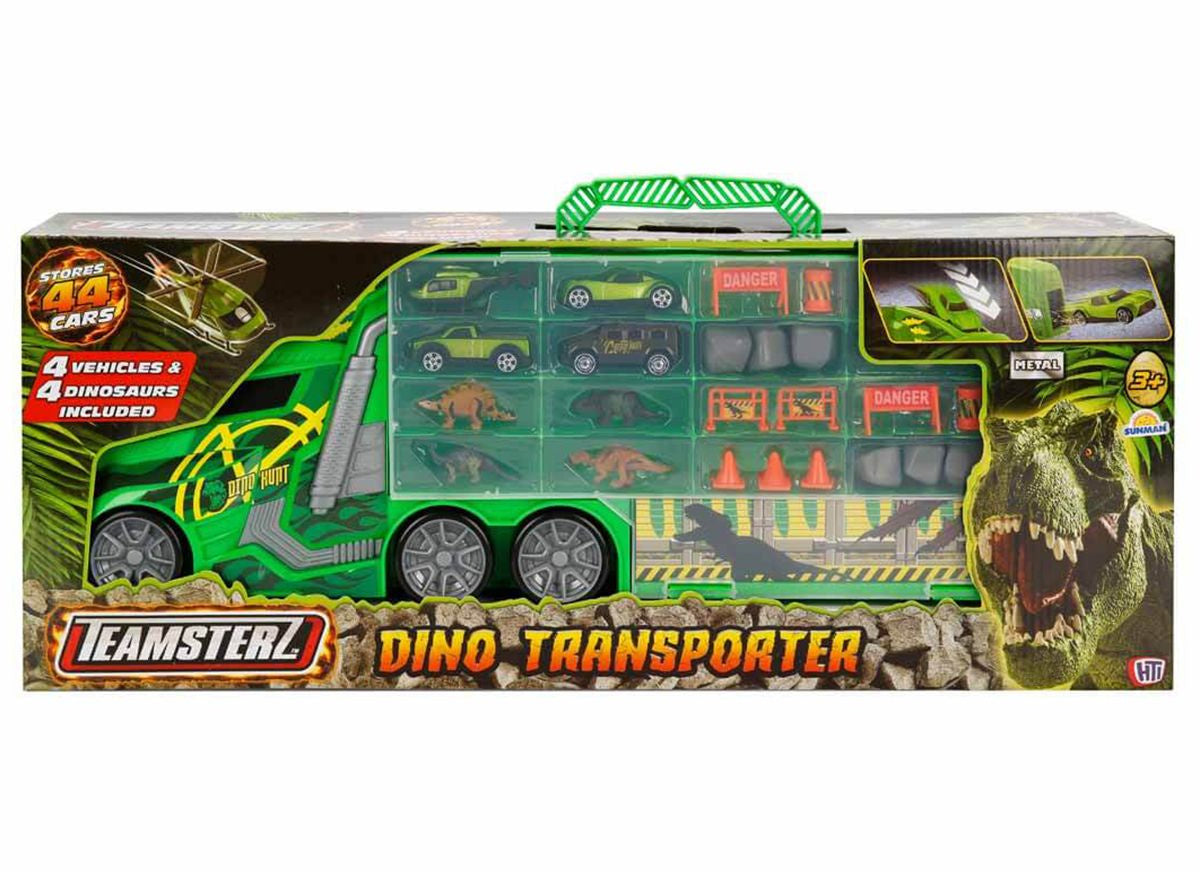 تيمسترز لعب شاحنة الديناصورات مع 4 مركبات و 4 ديناصورات ناقلة سيارات Teamsterz