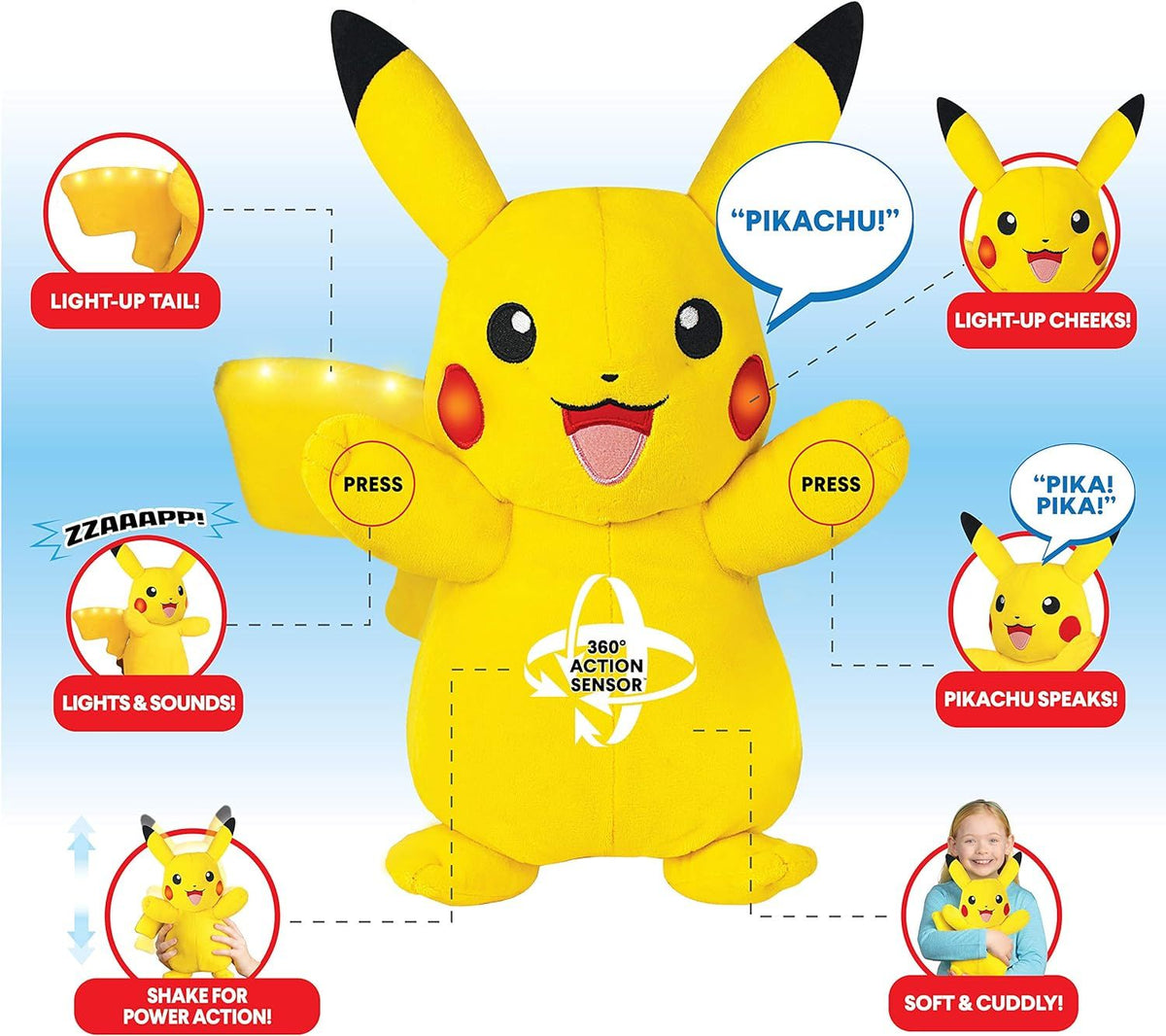 بوكيمون دمية بيكاتشو باور أكشن 25 سم مع الضوء والأصوات الالعاب القطنية Pokemon